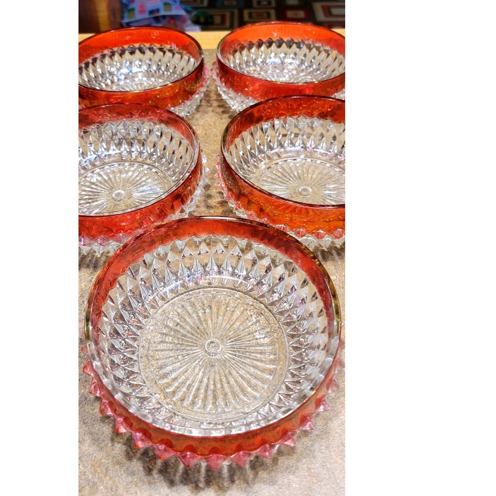 Set of 5 Vintage Crystal Glass Dessert Bowls Red Rimmed Cut Glass Serving Dishes